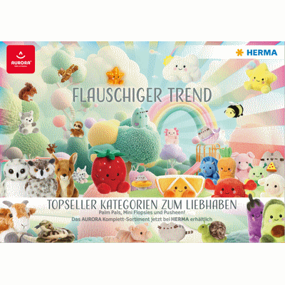 Bunte, flauschige Plüschtiere in verschiedenen Formen und Farben, darunter Tiere und Obst, vor einem Regenbogen.
