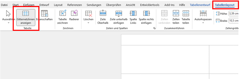 Die Menüleiste in der Software zeigt die Optionen 'Daten einfügen' und 'Tabellenlayout' an, wobei die Schaltflächen für Tabellen hervorgehoben sind.