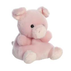 Ein süßes, rosa Plüschschwein sitzt mit einem runden Körper und kleinen Ohren, die Vorderbeine leicht angezogen.