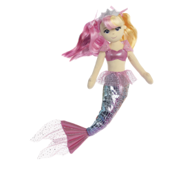 Puppe in Form einer Meerjungfrau mit pinken Haaren und glitzerndem Schwanz, trägt ein pinkes Oberteil und eine Krone." 

The text is already in German and does not require any changes for clarity or fluency.