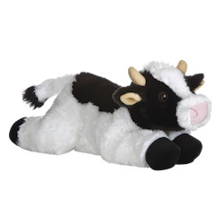 Plüschkuh mit schwarz-weißer Fellzeichnung, liegend, mit kleinen Hörnern und einer rosa Schnauze." 

(Note: The original text is already in German and does not require any changes for tone, context, or meaning.)