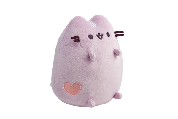 Kuschelige, rosa Plüschkatze mit einem Herz auf der Seite und einem lächelnden Gesicht.