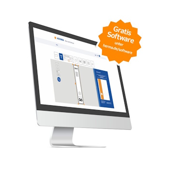 Der Computerbildschirm zeigt eine Softwareanwendung mit verschiedenen Designmöglichkeiten. Ein Hinweis auf kostenlose Software ist sichtbar.