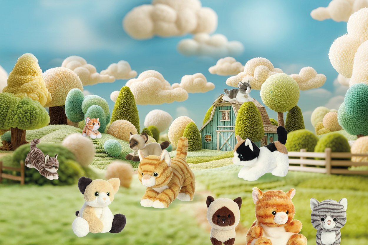 Plüschtiere in verschiedenen Tierformen sind in einer bunten, fantasievollen Landschaft platziert, umgeben von Bäumen und einem kleinen Bauernhaus.