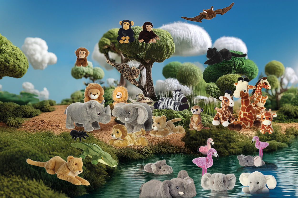 Eine Vielzahl von Plüschtieren, darunter Elefanten, Löwen, Giraffen und Affen, versammelt sich um einen Teich in einer grünen Landschaft." 

(Note: The text is already in German and does not require translation. It is clear and fluent as it stands.)