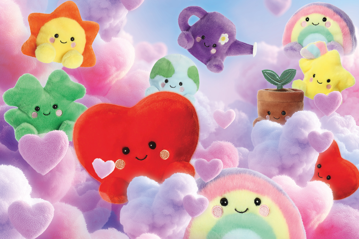 Bunte, kuschelige Plüschfiguren in Herz-, Stern- und Pflanzenform, umgeben von Wolken und Herzen." 

(The text is already in German and does not require translation. It maintains its original tone, context, and meaning.)