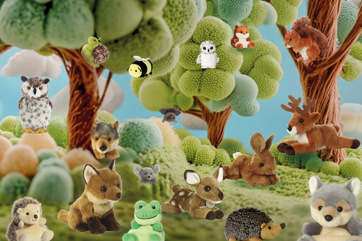 Plüschtiere verschiedener Tiere, darunter ein Reh, ein Fuchs, ein Kaninchen und ein Igel, umgeben von bunten, stilisierten Bäumen und Pflanzen." 

(Note: The text is already in German and does not require translation. It is clear and fluent as it stands.)