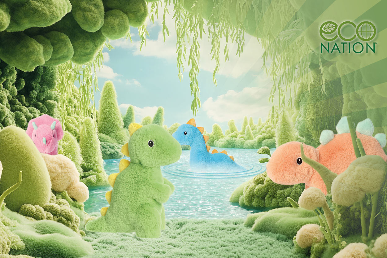 Dino Kuscheltiere in der Dino-Welt mit Fluss und Bäumen" 

This text is already in German, and it is clear and fluent as it stands. There is no need for adaptation or translation.