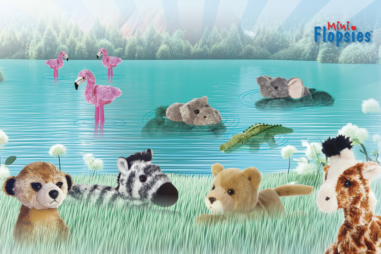 Safari-Plüschtiere im Fluss und im Gras