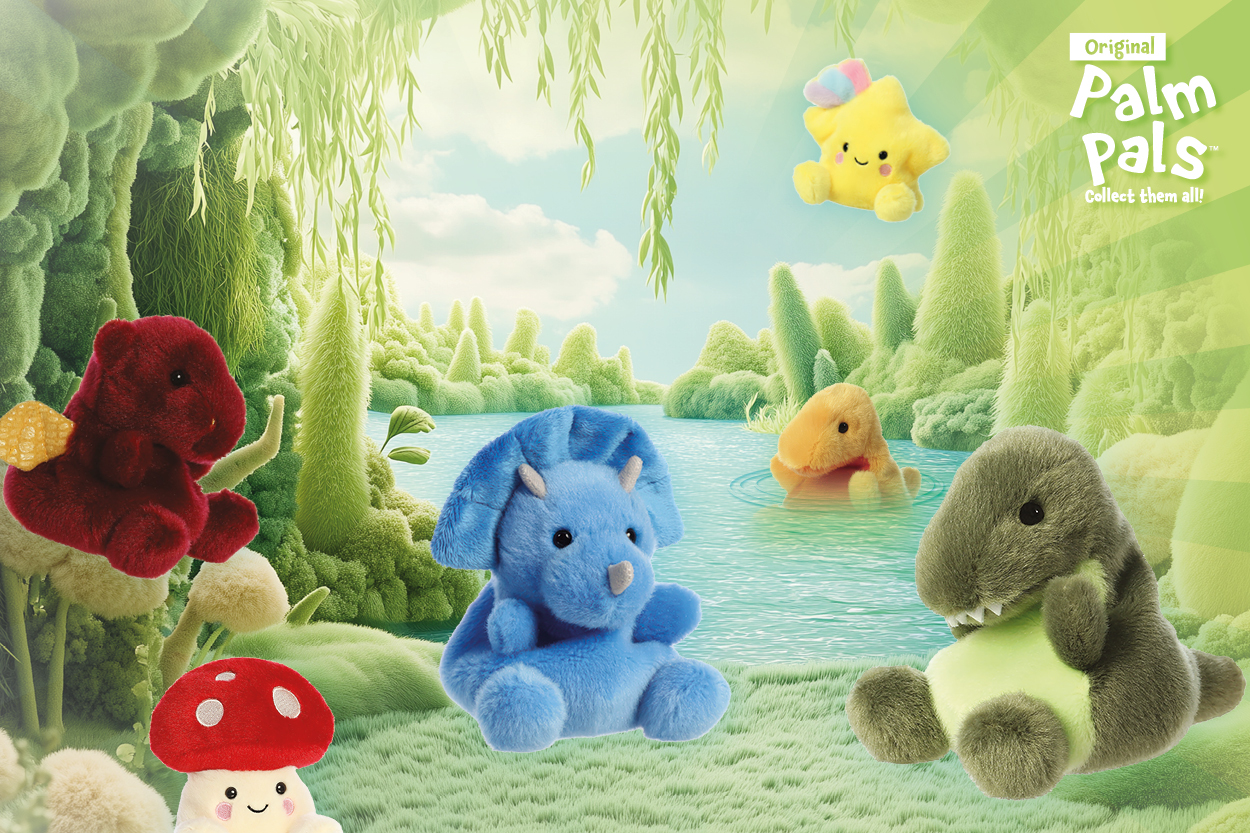 Dinos, die am Fluss sitzen und als Kuscheltiere fungieren.