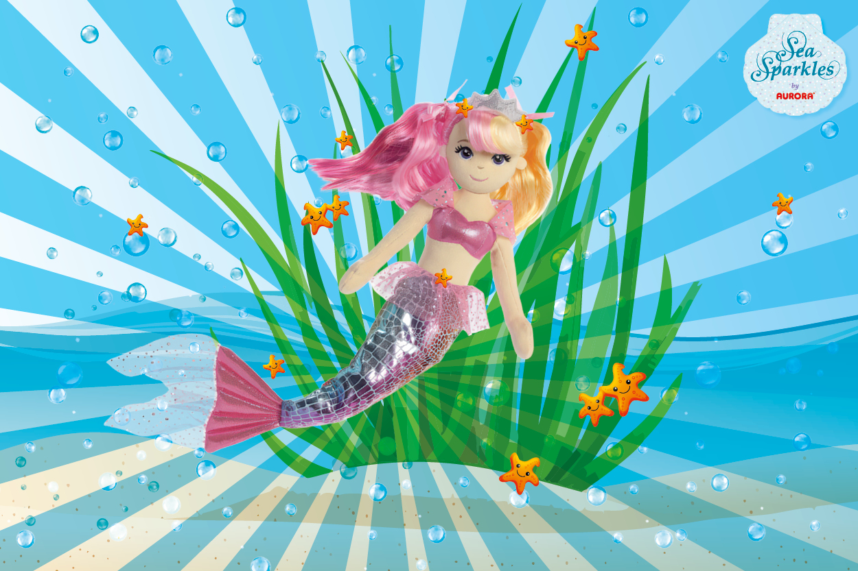 Eine Meerjungfrau-Puppe mit pinken und blonden Haaren schwimmt zwischen Wasserpflanzen und Luftblasen vor einem bunten Unterwasserhintergrund.