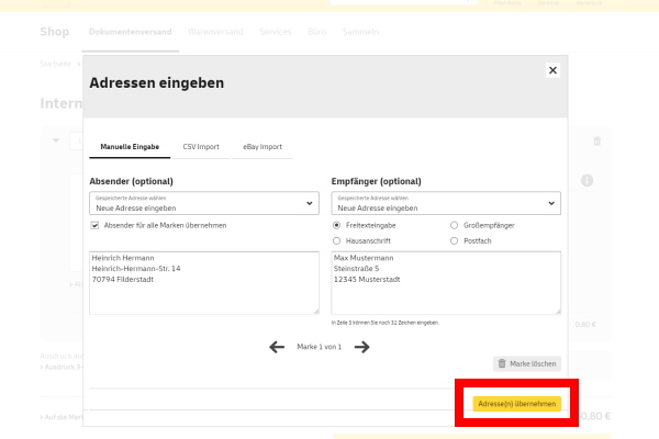 Internetmarke Adresse"
This phrase is already in German and does not require translation. It refers to the address associated with an internet postage label. If you need further clarification or context, please let me know!