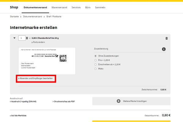 Internetmarke Adresse anpassen