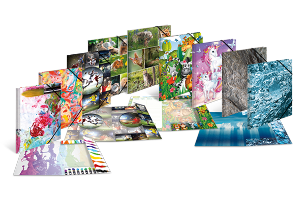 Verschiedene Sammelmappen mit bunten, abwechslungsreichen Motiven.