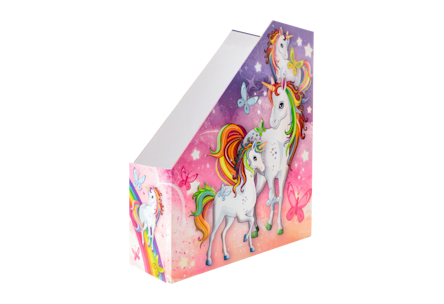 Ein bunter Ordner mit Einhorn-Motiven, Regenbögen und Schmetterlingen auf einem rosa-lila Hintergrund.