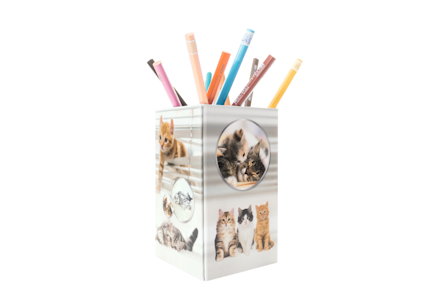 Ein Stiftbehälter mit Katzenmotiven und bunten Stiften, die herausragen.