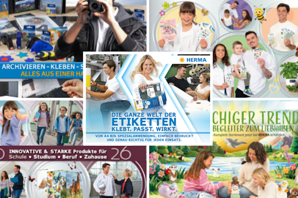 Verschiedene Szenen zeigen Menschen, die mit Etiketten und Bürobedarf arbeiten. Werbung für innovative Produkte von Herma.