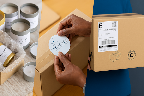 Kerzen in Dosen, eine Hand, die ein Etikett auf einen Karton klebt, und ein Karton mit Versandetikett." 

(Note: The text is already in German and does not require translation. It is clear and fluent as it stands.)