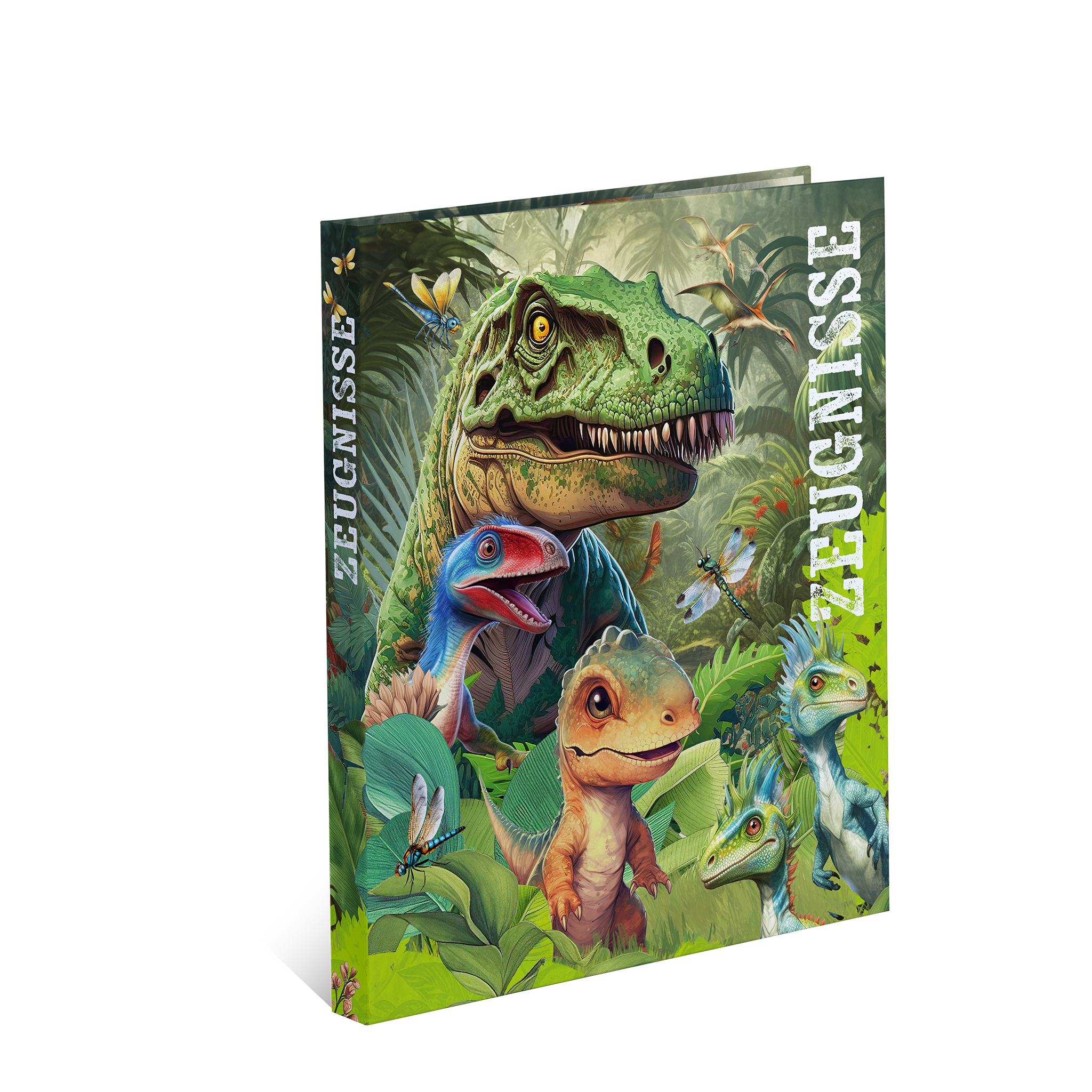 Ein buntes Notizbuch mit Dinosauriern auf dem Cover, darunter ein Tyrannosaurus Rex und verschiedene andere Dinosaurierarten in einer grünen Landschaft.