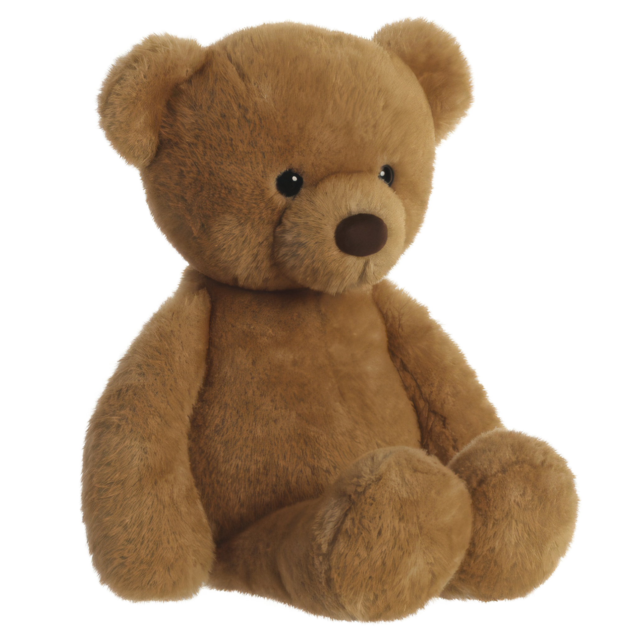 Ein brauner Teddybär mit runden Ohren und einem freundlichen Gesicht, sitzt aufrecht mit einem weichen, plüschigen Körper.