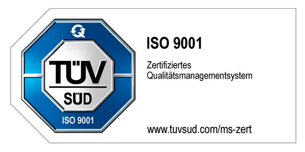 TÜV SÜD ISO 9001 Zertifikat für ein Qualitätsmanagementsystem. Webseite: www.tuvsud.com/ms-zert.