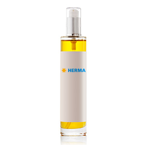 Flasche mit gelbem Flüssigkeitsinhalt, beschriftet mit "HERMA" in blauer Schrift auf einem weißen Etikett.