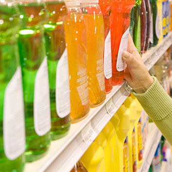 Eine Hand greift nach einer roten Flasche auf einem Regal mit verschiedenen farbigen Flaschen, darunter grüne und orange.