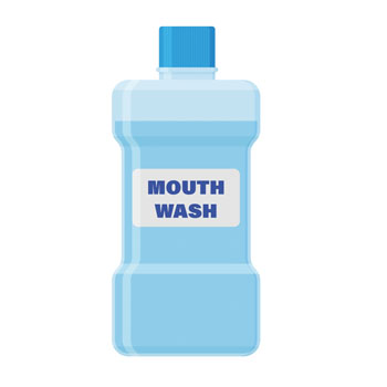 Blaues Mundwasser in einer transparenten Flasche mit einem blauen Deckel und einem Etikett, das "MOUTH WASH" zeigt.