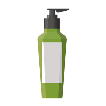 Grüne Flasche mit Pumpverschluss, leer, mit einem weißen Etikett auf der Vorderseite. Ideal für Lotionen oder Flüssigkeiten.