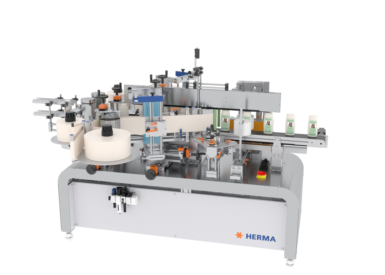 Automatische Etikettiermaschine von HERMA mit mehreren Stationen zur Etikettierung von Flaschen und Behältern.