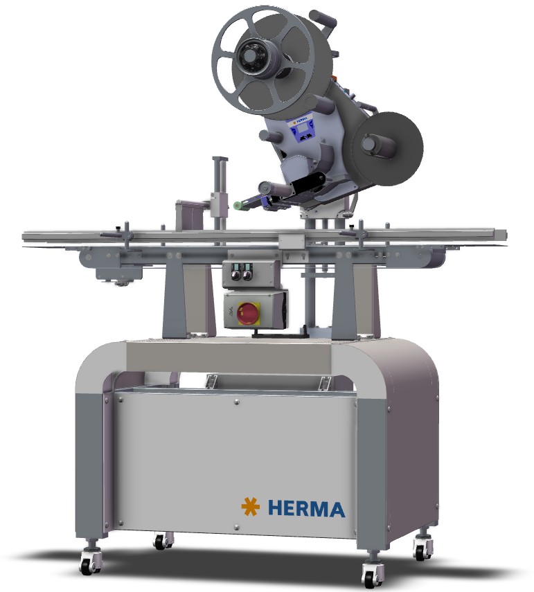 Automatische Etikettiermaschine mit einem Aufwickler und einer Steuerungseinheit, montiert auf einem robusten Untergestell.