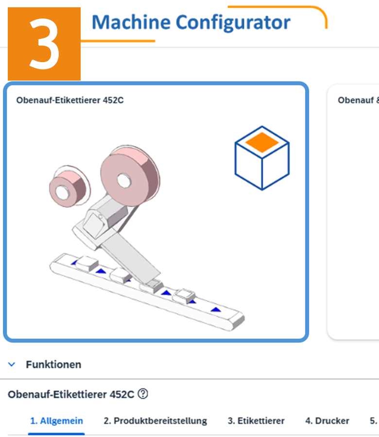Der Konfigurator für die Maschine zeigt den Obenauf-Etikettierer 452C mit zwei Rollen und einer Etikettierstation.