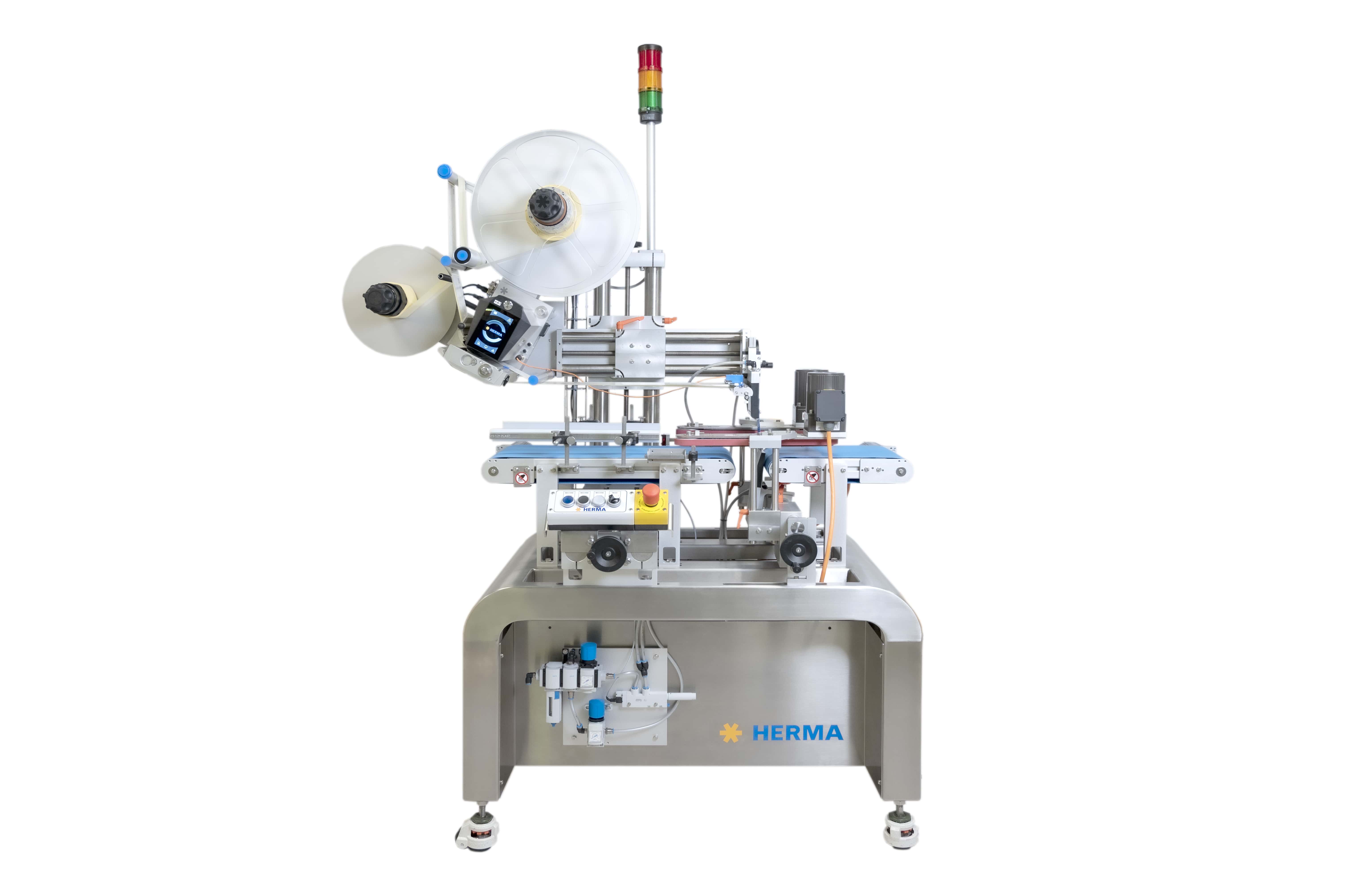 Automatische Etikettiermaschine mit zwei Rollen, Steuerungseinheit und einem stabilen Edelstahlrahmen.