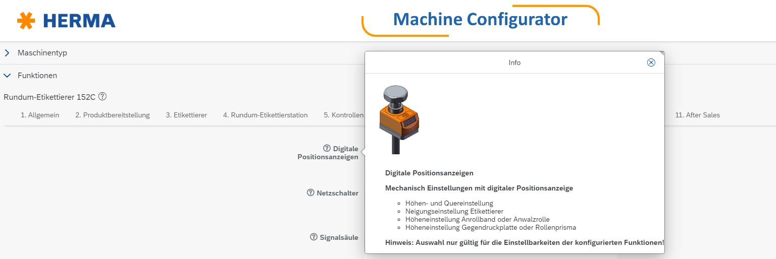 Konfigurationsoberfläche für Maschinen mit Informationen zu digitalen Positionseinstellungen und mechanischen Einstellungen.