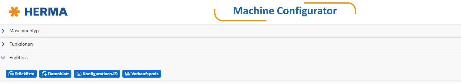 HERMA Maschinenkonfigurator mit Optionen für Maschinen, Funktionen und Symbolen. Enthält Schaltflächen für Download und Konfiguration.