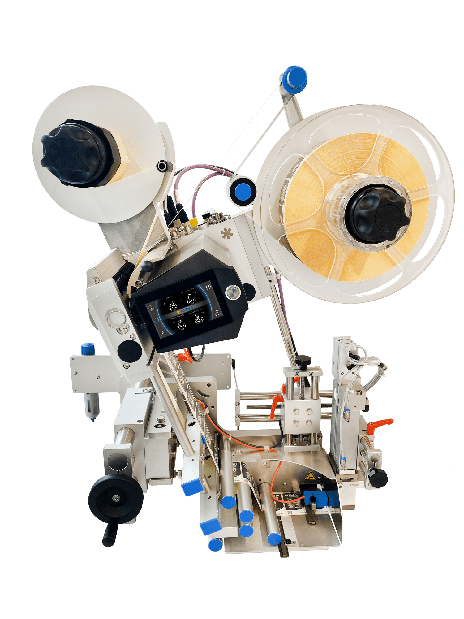 Eine komplexe Maschine mit zwei Spulen, einem Bedienfeld und verschiedenen mechanischen Komponenten, die für industrielle Anwendungen konzipiert ist.