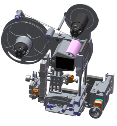 Technische Zeichnung eines Maschinenmodells mit zwei großen Rädern, einem zentralen Gehäuse und verschiedenen mechanischen Komponenten.