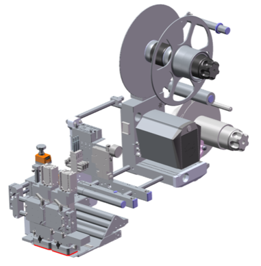 Technische Zeichnung eines Maschinenmoduls mit verschiedenen mechanischen Komponenten, darunter Motor, Rollen und Steuerungselemente.