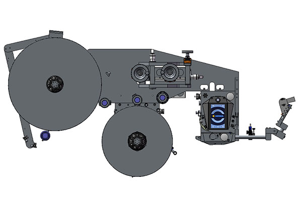 Technische Zeichnung einer Maschine mit zwei großen Walzen, Antriebselementen und Steuerungseinheit, die für industrielle Anwendungen konzipiert ist.