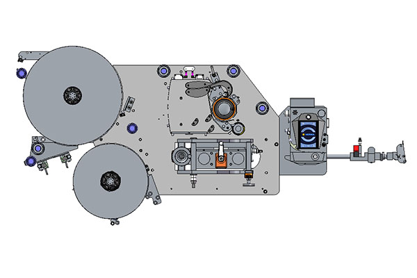 Technische Zeichnung einer Maschine mit zwei großen Rollen, einem zentralen Mechanismus und verschiedenen Bedienelementen.