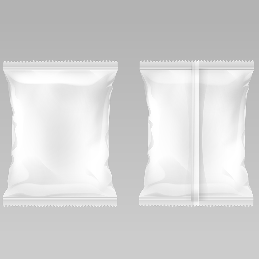 Weiße, leere Verpackung mit glatter Oberfläche, sichtbar von vorne und hinten, ohne Beschriftung oder Inhalt.