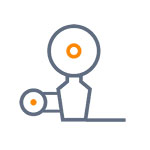 Ein einfaches, stilisiertes Symbol einer Maschine mit zwei Rädern und einem zentralen Körper, in grauer und orangefarbener Farbgebung.
