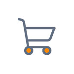 Einkaufswagen-Symbol mit grauem Rahmen und orangefarbenen Rädern.