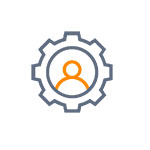 Symbol eines Zahnrads mit einer stilisierten Person in der Mitte, dargestellt in grauer und orangefarbener Farbe.