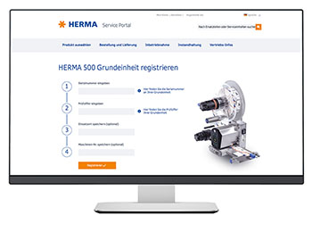 HERMA Service Portal mit Registrierungsschritten für die HERMA 500 Grundeinheit und einem technischen Gerät.
