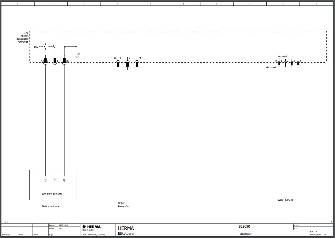 Schaltplan mit elektrischen Komponenten, einschließlich Schaltern, Netzanschluss und Ausgängen, dargestellt in schematischer Form.