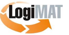 Logo von LogiMAT mit einem orangefarbenen Pfeil, der einen Kreislauf darstellt, und dem Schriftzug "LogiMAT" in Grau und Schwarz.