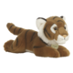 Plüsch-Tiger mit braunem Fell und schwarzen Streifen, liegend mit großen, runden Augen und einem freundlichen Ausdruck.