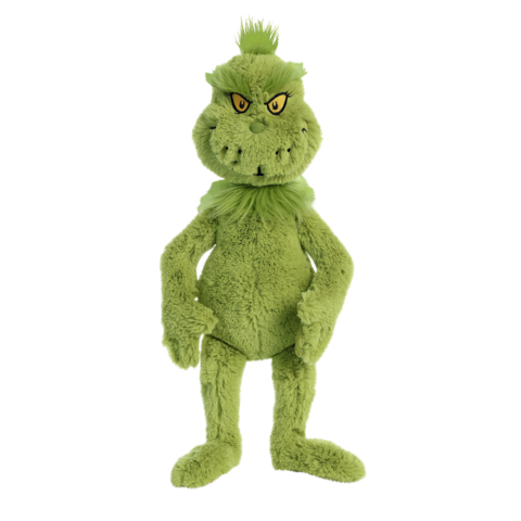 Grüner, plüschiger Grinch mit einem schelmischen Gesichtsausdruck, steht aufrecht mit verschränkten Armen.