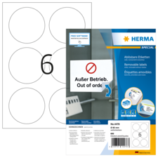 Ablösbare Etiketten mit sechs runden Aufklebern auf einem Blatt, verpackt in einer blauen und weißen Verpackung mit der Aufschrift „Außer Betrieb“.